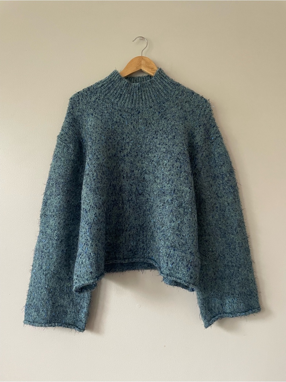 Moth Anthropologie Teal Flecked Mock Neck baggy sleeved Sweater